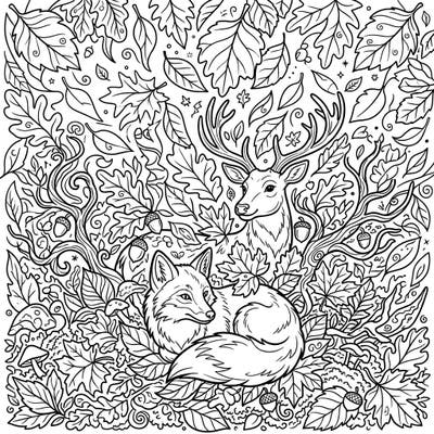 Step into a warm, musky autumn wonderland with this intricate coloring page, showcasing a peaceful fox and majestic deer. Lose yourself in the beauty of falling leaves and woodland charm, perfect for a relaxing creative session.