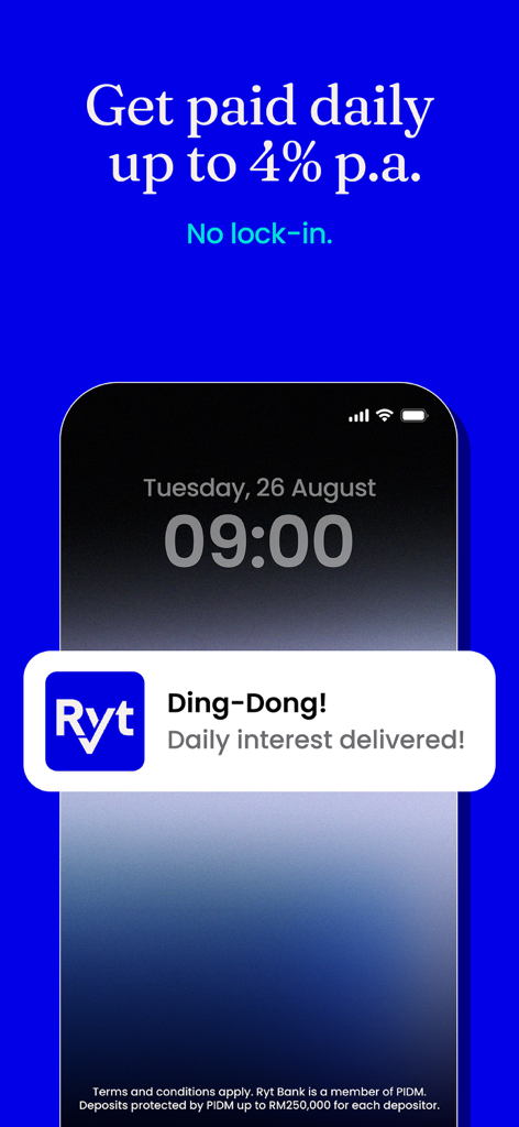 Smartphone-Bildschirm mit Benachrichtigung über tägliche Zinsen von Ryt Bank mit einem jährlichen Zinssatz von 4 Prozent