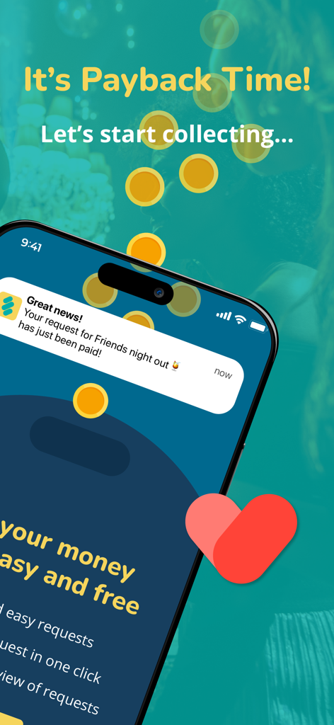 Sentoo.me - Schermata dell'app mobile Sentoo.me che mostra una notifica per una richiesta di pagamento saldata da una serata tra amici.