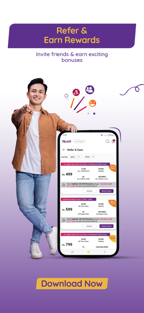 Ncell - Promotional screen for Ncell app Refer and Earn rewards program