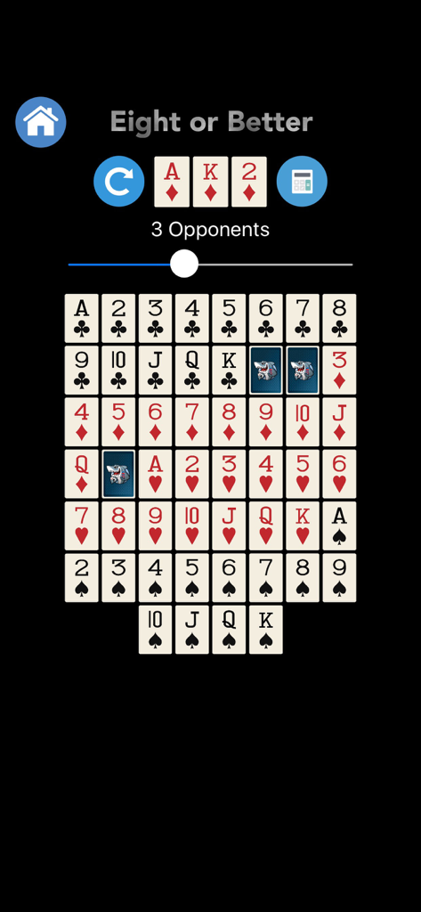 Poker Odds Helper - 3人の対戦相手に対するエイト・オア・ベターのカード選択を表示するポーカー・オッズ・ヘルパーのインターフェース