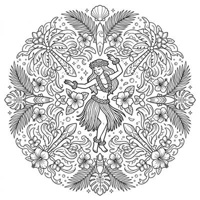 Immerse yourself in the rhythmic beauty of a Hula dancer set within a stunning tropical vacation mandala. This intricate design offers a perfect blend of island charm and relaxing symmetry for your coloring adventure.