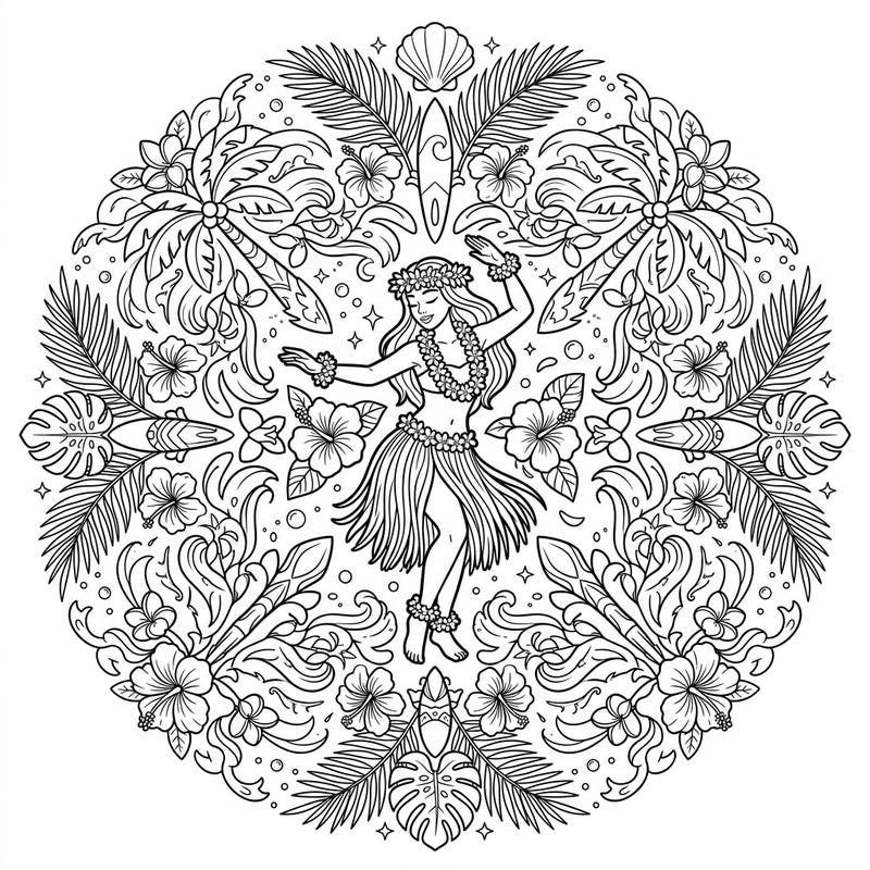 Immerse yourself in the rhythmic beauty of a Hula dancer set within a stunning tropical vacation mandala. This intricate design offers a perfect blend of island charm and relaxing symmetry for your coloring adventure.