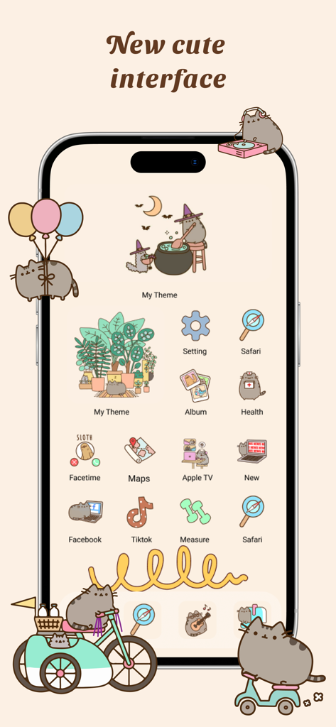 iPhone home screen customized with a cute cartoon cat theme and aesthetic icons