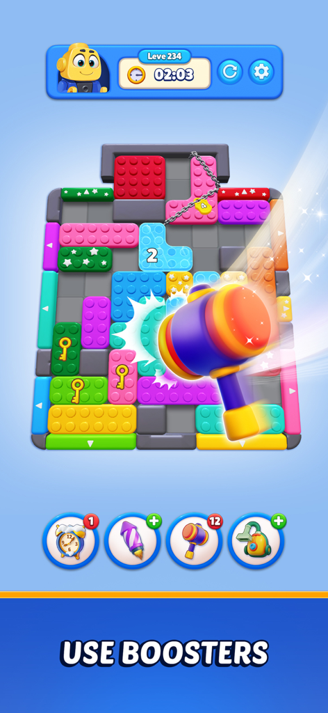 Color Block: Jam Puzzle 3D - Gameplay-Screenshot von Color Block Jam Puzzle 3D, der zeigt, wie ein Hammer-Booster verwendet wird, um Blöcke auf einem Level zu entfernen.