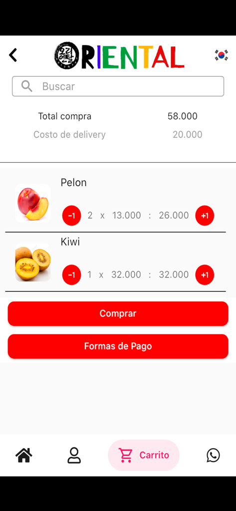 Shopp Oriental - Pantalla del carrito de compras de la app Shopp Oriental mostrando frutas seleccionadas y el precio total