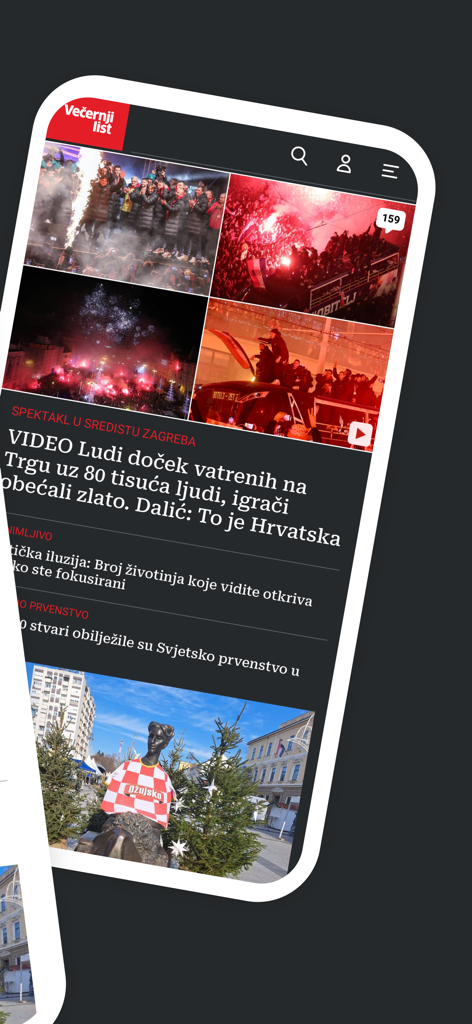 Večernji list - Večernji list news app interface showing headlines and photos about a major Croatian celebration in Zagreb