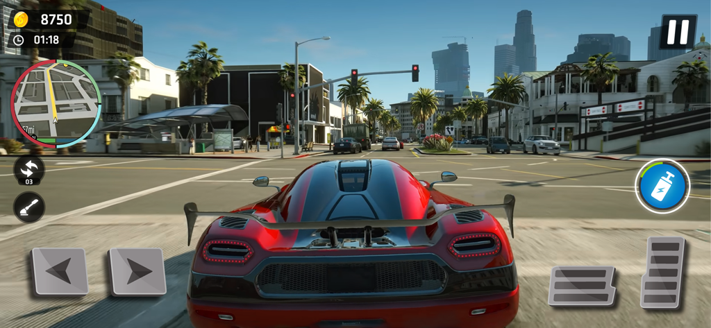 Crime City - Car Driving Games - A red sports car driving on a sunny city street with palm trees