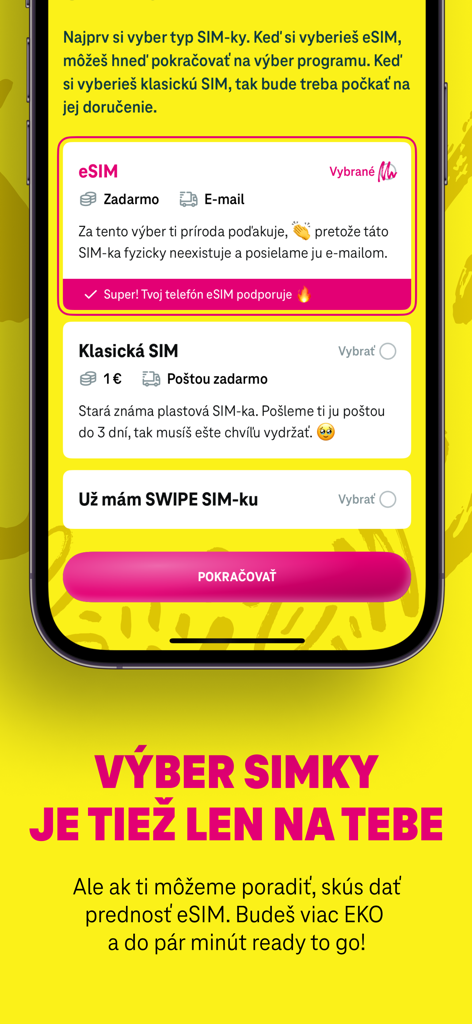 Interfaz de la app SWIPE para elegir entre una eSIM y una tarjeta SIM física.
