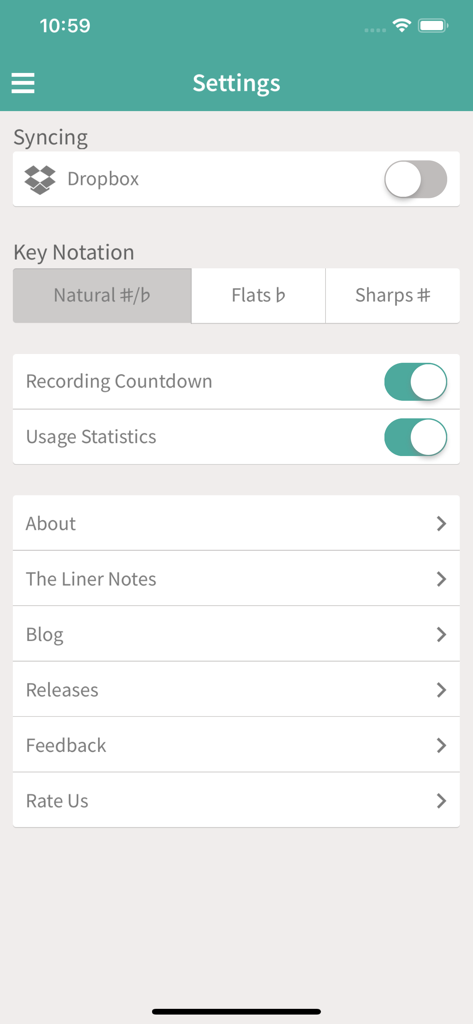 Dropbox 동기화 옵션 및 음표 표기법 기본 설정을 보여주는 Hum 앱의 설정 화면.