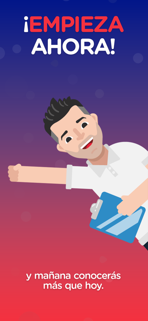 Inglés Fácil - Francisco Ochoa - Cartoon illustration of teacher Francisco Pacho Ochoa encouraging users to start learning English with motivational Spanish text.