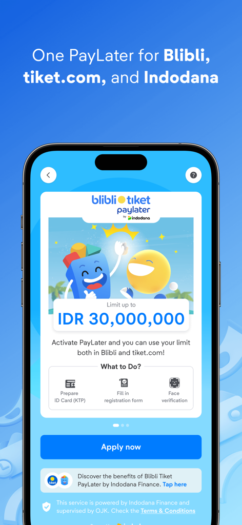 Pantalla de la aplicación tiket.com que muestra el registro de PayLater con límite de crédito y pasos de verificación.