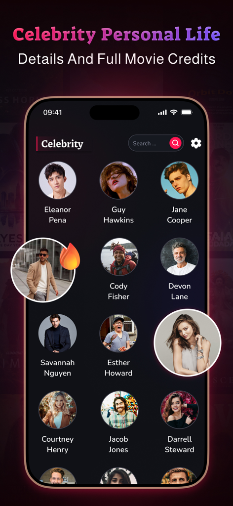 MovieBox app interface displaying celebrity profiles and film credits.