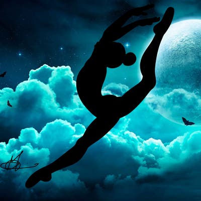 gymnast doing a leap in a leotard with a bent back leg