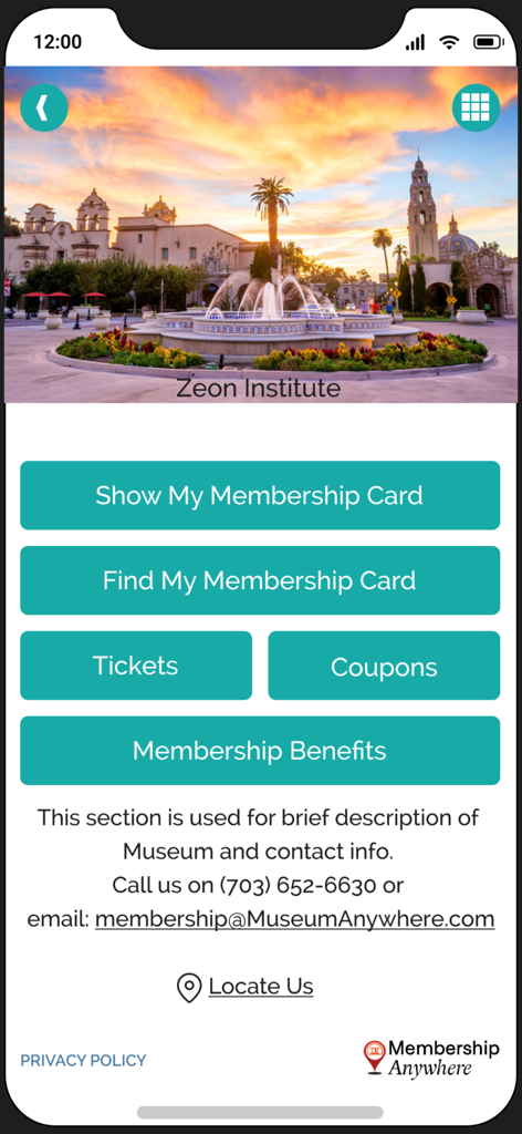 eMembership Card - Interface of the eMembership Card app for Zeon Institute showing membership options and contact details