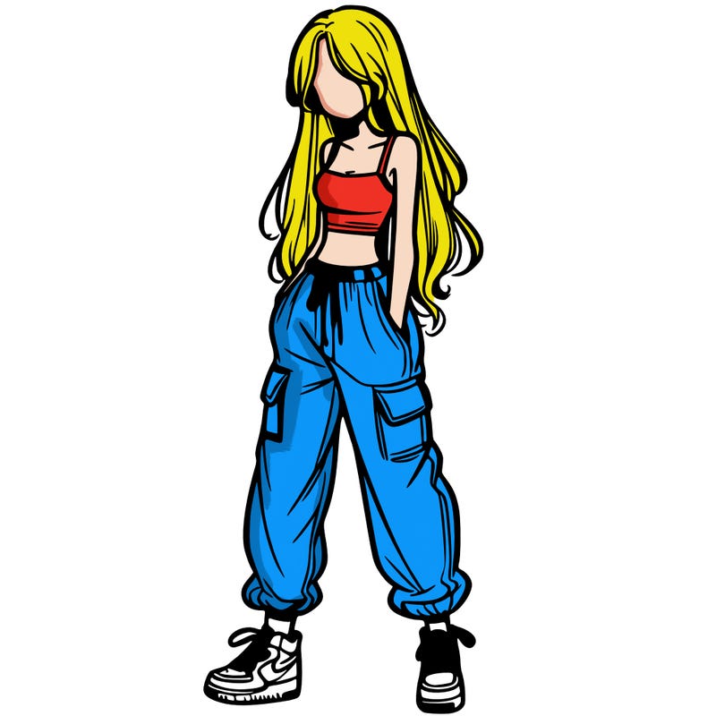 girl in baggy pants crop top and long hair
