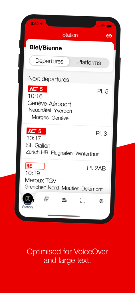 SBB Inclusive - SBB Inclusive app interface showing train departures from Biel Bienne station with accessibility optimized large text.