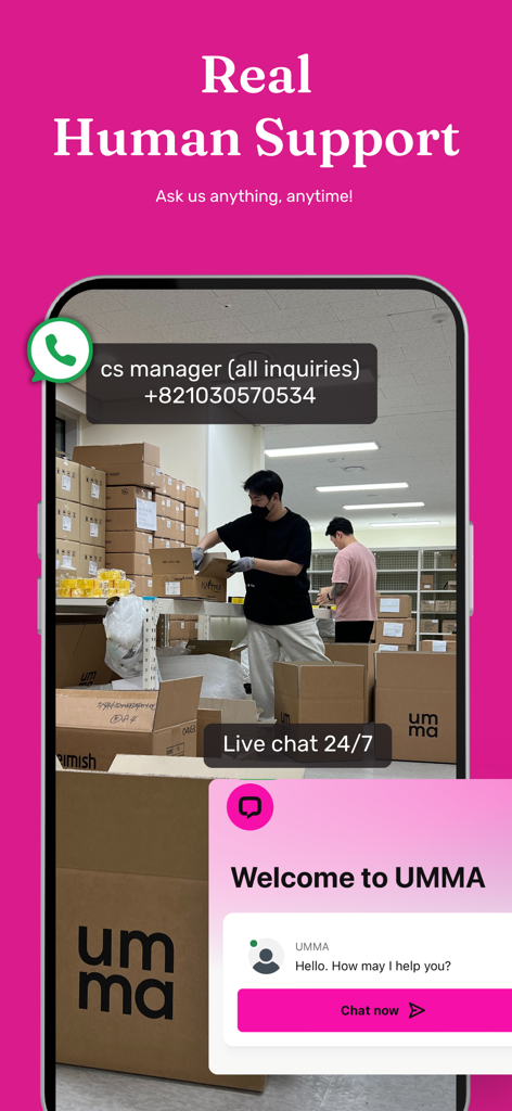 umma.io - umma.io app screen showcasing 24/7 real human support and live chat for B2B K-beauty wholesale entrepreneurs