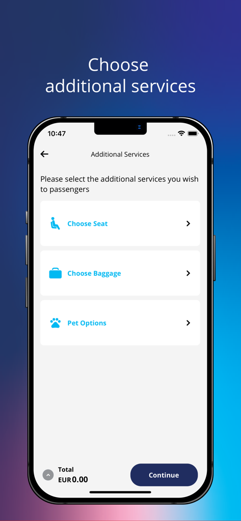 Air Montenegro - Air Montenegro app interface for choosing additional services like seat selection, baggage, and pet options