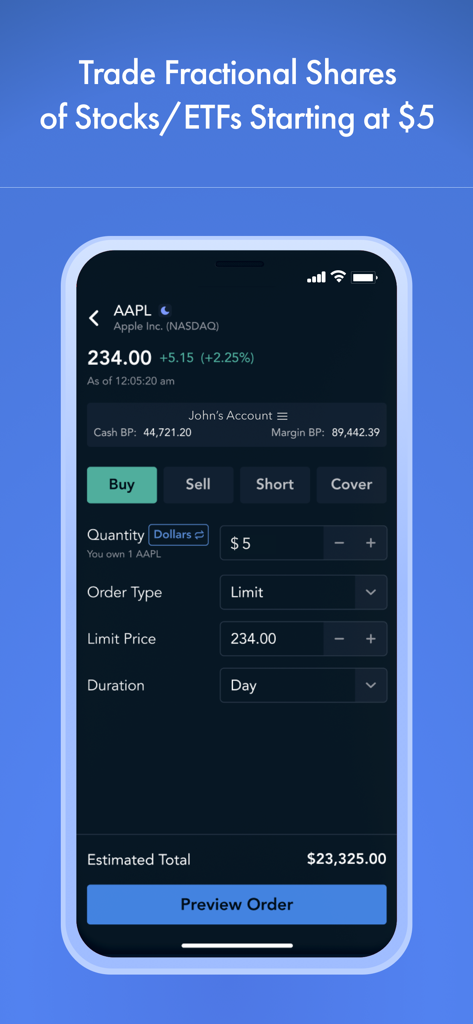 Firstrade: Invest & Trade - Firstrade app interface showing a buy order for fractional shares of Apple stock starting at 5 dollars
