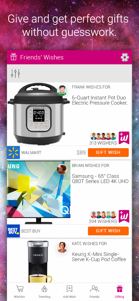 Wishfinity mobile app interface displaying a social feed of friends gift wishes from retailers like Walmart and Best Buy