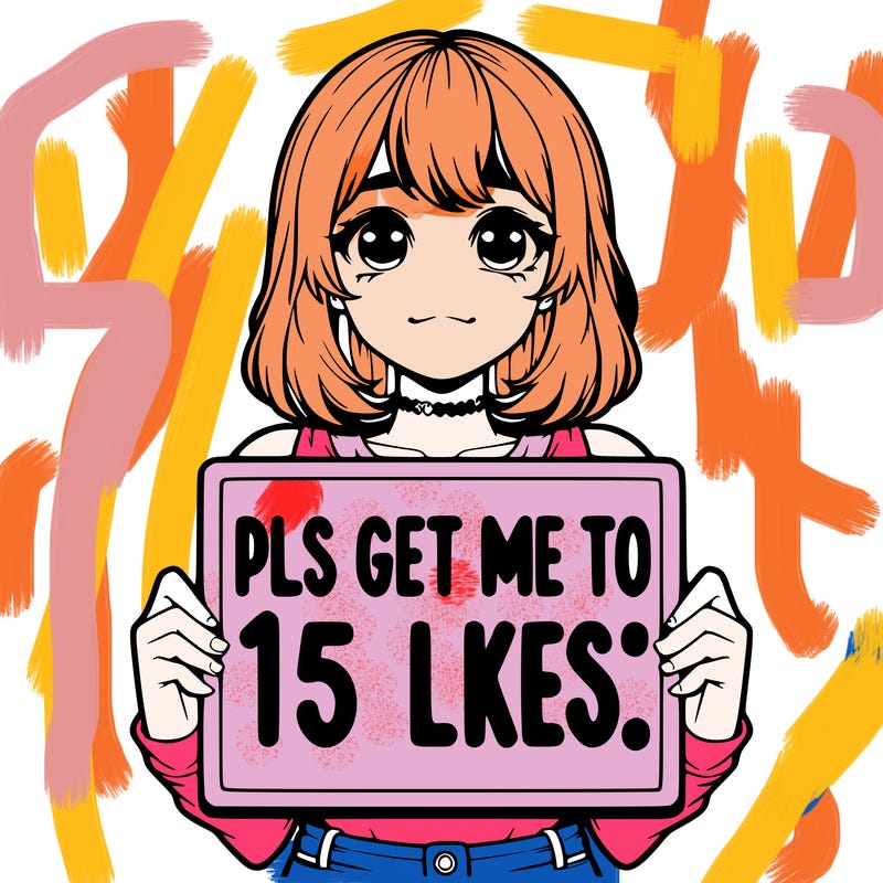 realistic girl holding up a sign that says “pls get me to 15 likes!”