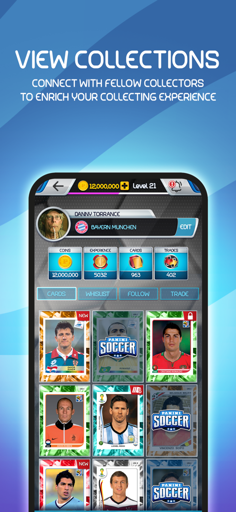 Panini Soccer App - Bildschirm mit dem Benutzerprofil, der eine Sammlung digitaler Fußballspieler-Sammelkarten zeigt