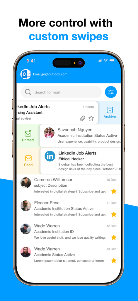 Captura de tela do iPhone mostrando gestos de deslizar personalizados para arquivar ou marcar emails como lidos no aplicativo Hotmail e Outlook