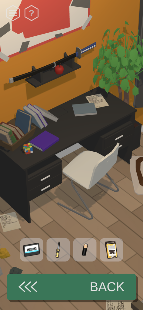 Une salle de bureau isométrique 3D avec un bureau et divers objets de puzzle dans 50 Tiny Room Escape