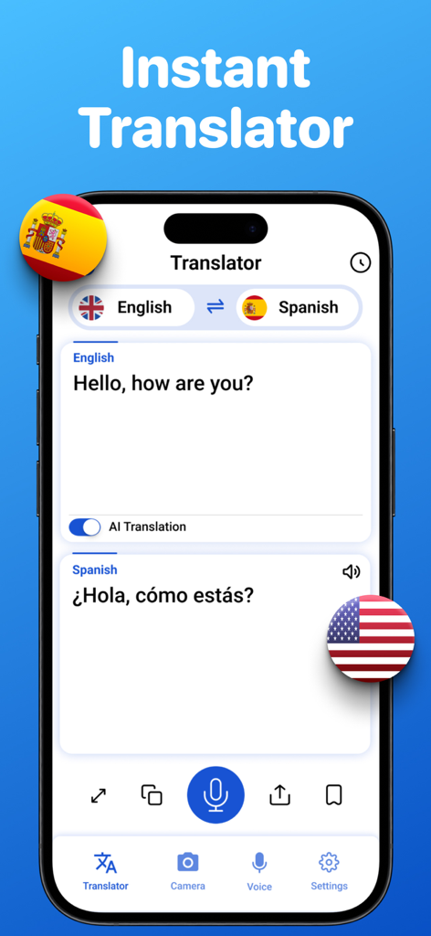 AI翻訳アプリの画面。英語からスペイン語へのテキスト翻訳と国旗アイコンが表示されている。