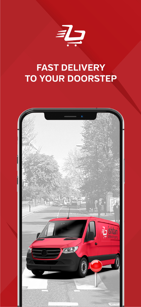 Ishtari mobile app screen showing a red delivery van and the text fast delivery to your doorstep