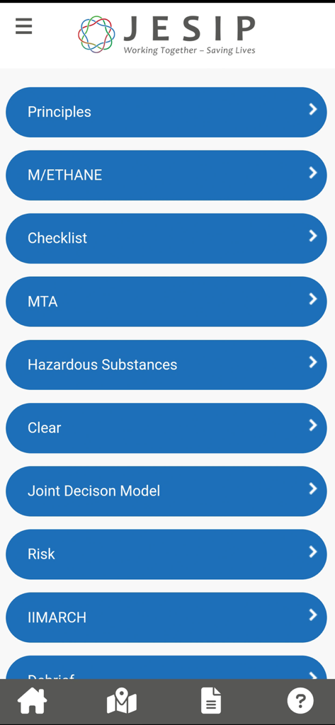 JESIP - Main interface of the JESIP app featuring emergency protocol options like METHANE and Joint Decision Model