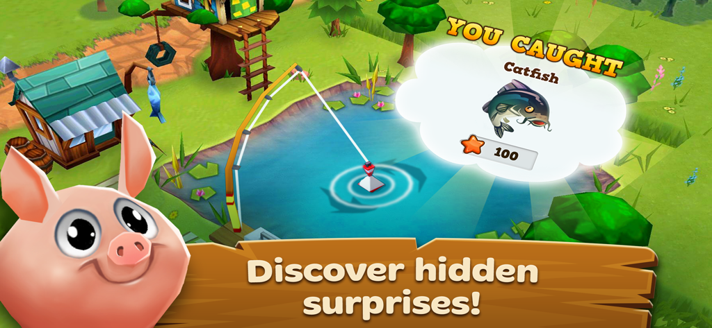 Farm Story 2™ - A fishing mini-game in Farm Story 2 showing a player catching a catfish next to a cute pig character.