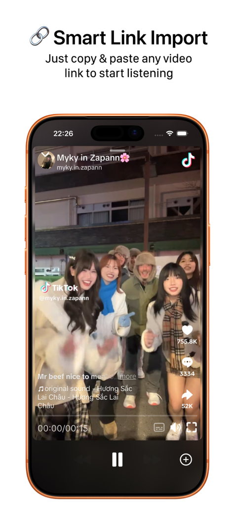 PlayListic: Background Player - Smartphone screen showing the PlayListic app Smart Link Import feature playing a viral TikTok video.