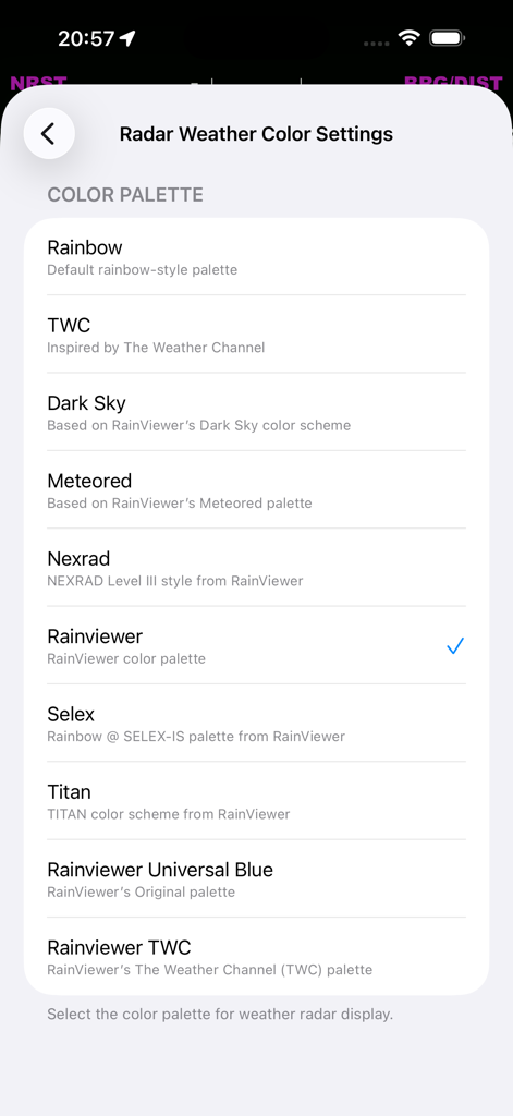 iEFIS Pro - Radar weather color settings interface in iEFIS Pro showing various palette options for pilots