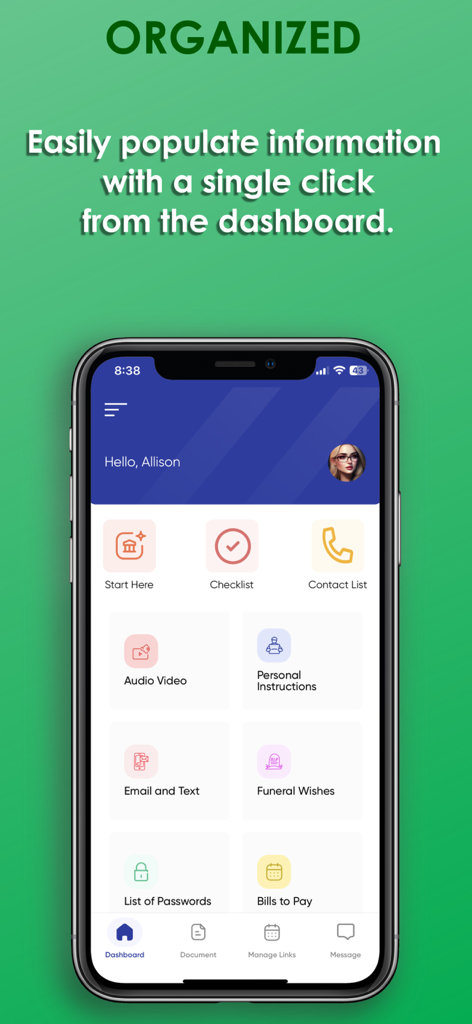 Dashboard of the When I Die app featuring an organized list of estate planning tasks like funeral wishes and password management