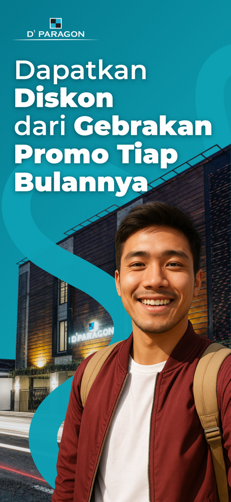 Voyageur souriant devant un bâtiment DPARAGON faisant la promotion de réductions sur l'hébergement mensuel.