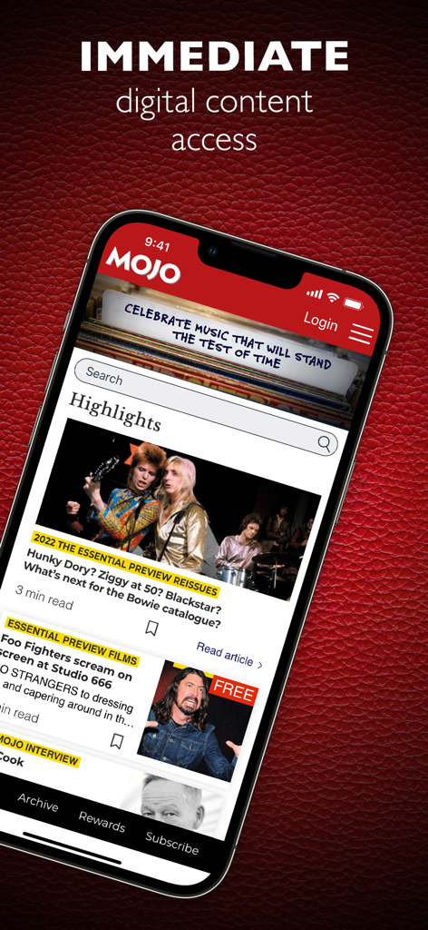 Mojo: The Music Magazine - The MOJO Music Magazine mobile app interface showing music journalism and archival content.