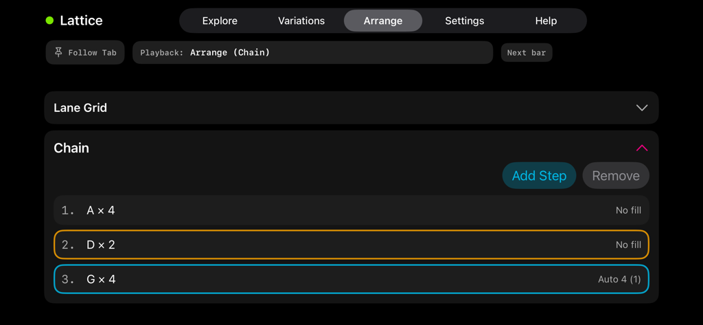 Lattice - Pantalla de disposición de Lattice que muestra la secuenciación de cadenas de patrones