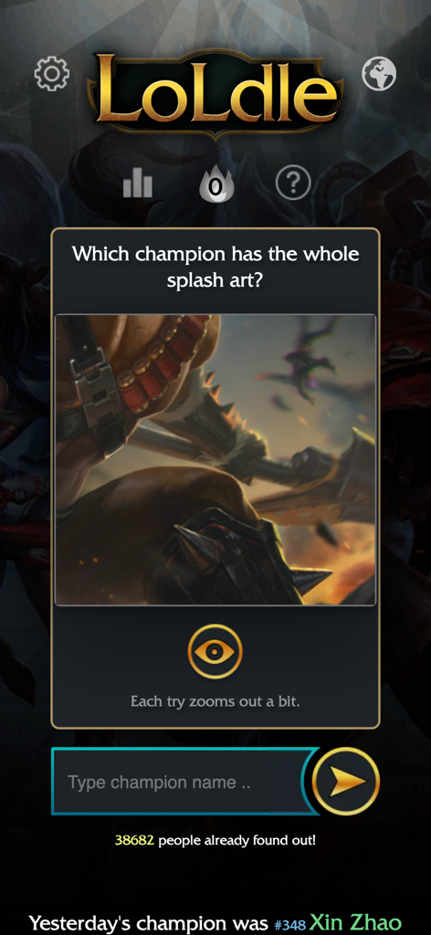 Jeu mobile LoLdle Officiel montrant le mode de devinettes d'illustrations avec un fragment d'image de champion