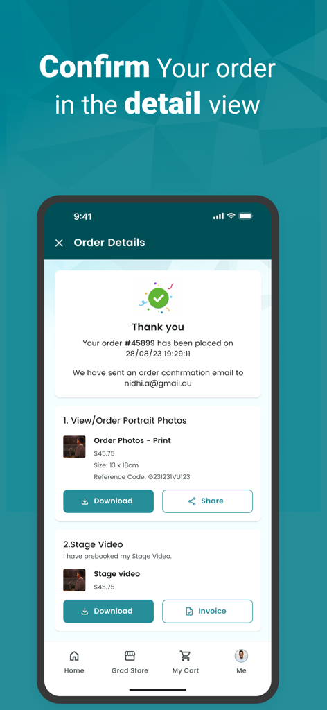 Reed Events - Reed Eventsアプリの注文詳細画面。卒業写真とビデオの購入後の感謝のメッセージが表示されます。