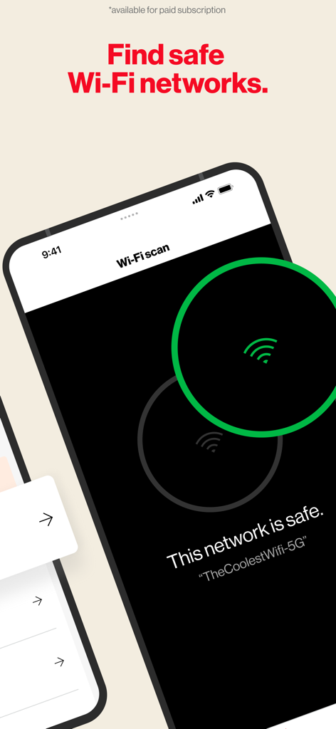 Verizon Protect app interface showing a successful Wi-Fi scan for a safe network.