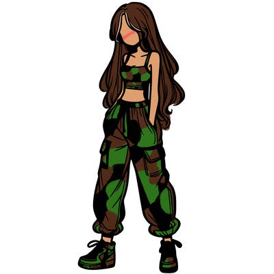 girl in baggy pants crop top and long hair