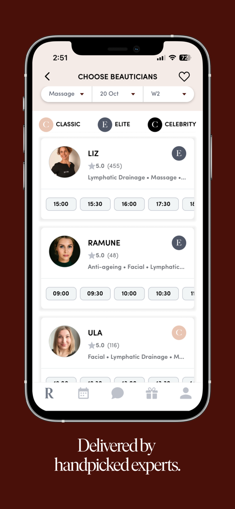 Ruuby - At-Home Beauty - Ruuby app interface for selecting and booking vetted beauty and wellness experts with ratings and available time slots.