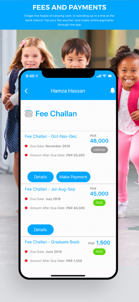 Skoolify - Mobile interface of Skoolify app showing school fee vouchers and payment status for a student