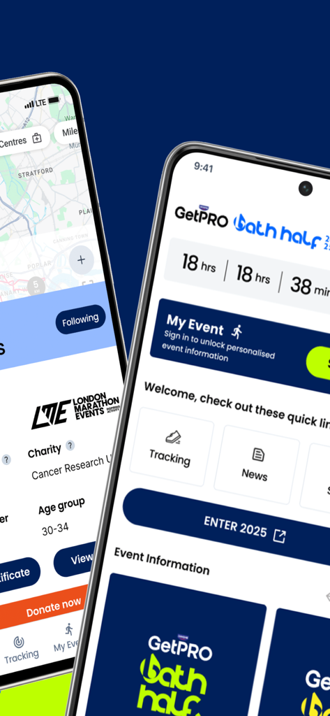Zwei Smartphone-Bildschirme, die die GetPRO Bath Half App-Oberfläche mit Läufer-Tracking und Veranstaltungsdetails anzeigen