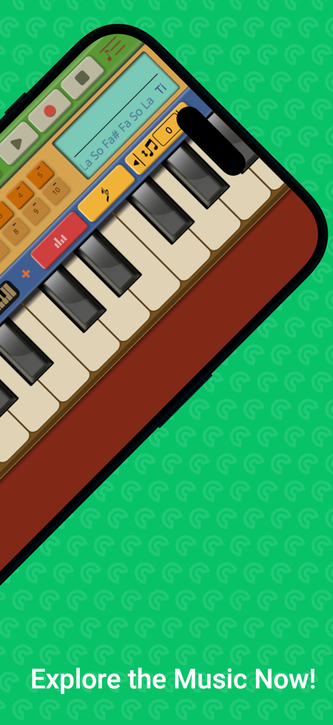 Professional Melodica - A close-up view of the Professional Melodica mobile app interface featuring a virtual keyboard and musical notes display on a green patterned background