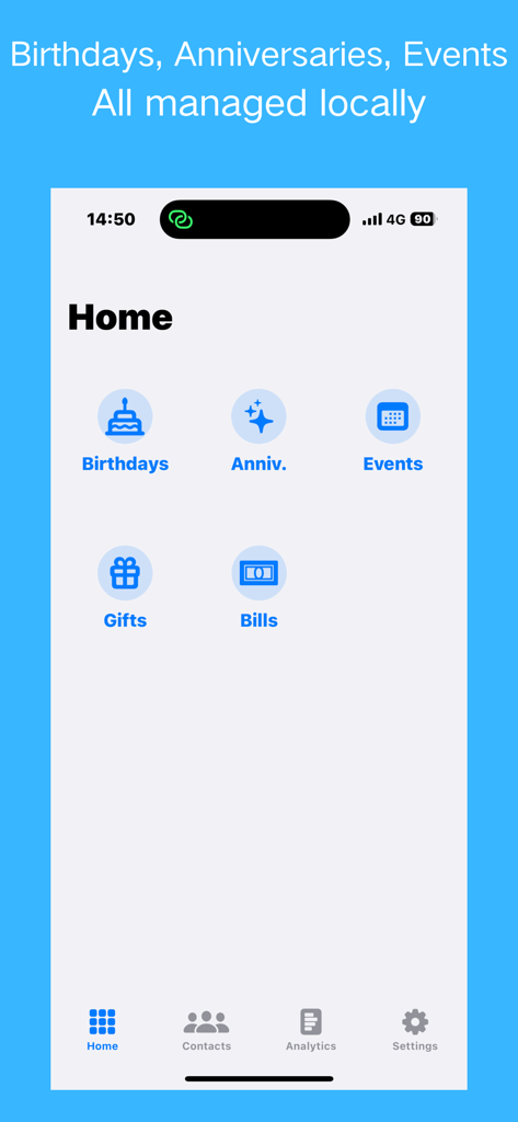 Haven Link Startbildschirm mit Symbolen für Geburtstage, Jahrestage, Ereignisse und Geschenke