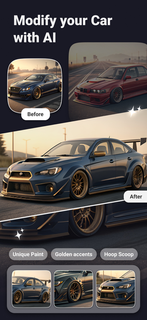 AI Car Designer Modify: AI Car - Mobile app screen showing before and after car modifications with AI features