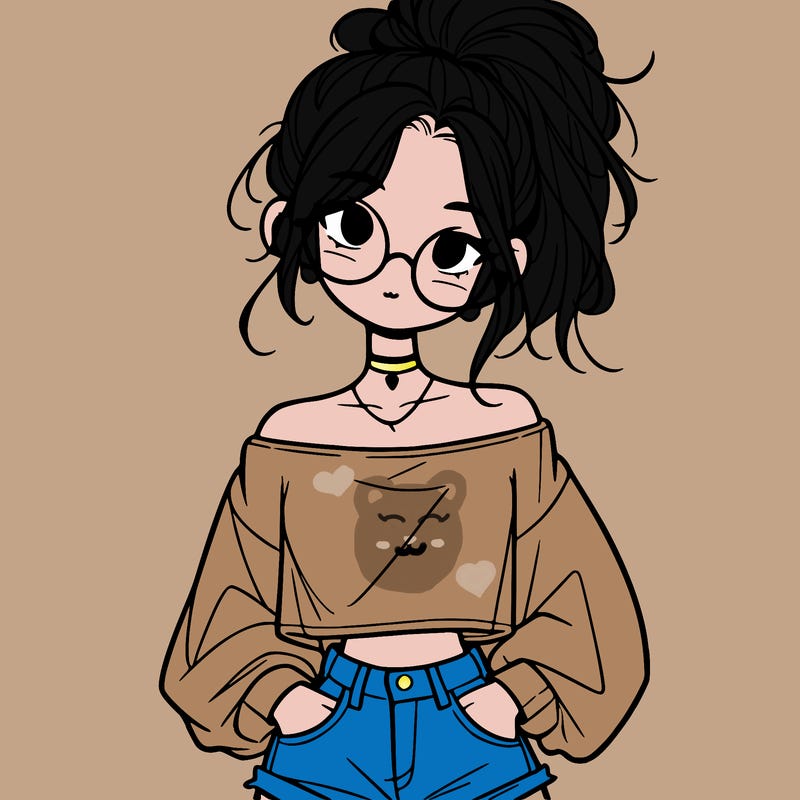 girl with a messy ponytail glasses a baggy crop top and jean shorts
